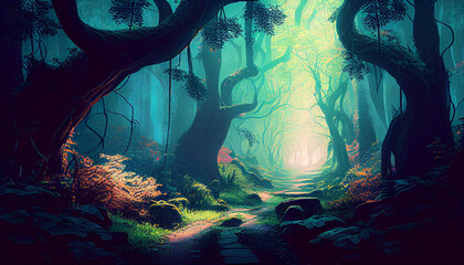 Fantasy magical forest path, night, generative AI