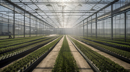 green plants inside of a big modern greenhouse, generative ai