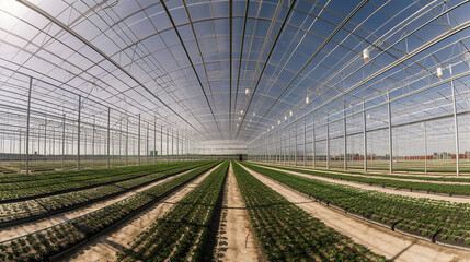 green plants inside of a big modern greenhouse, generative ai