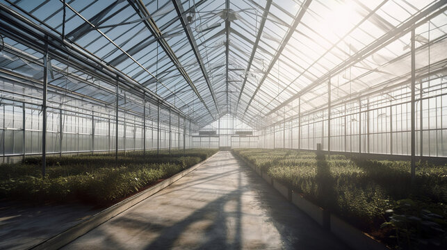 green plants inside of a big modern greenhouse, generative ai