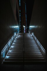 Low angle vertical shot of a staircase with small neon lights attached from the bottom