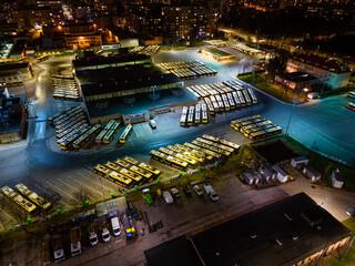 Night aerial view of bus depot