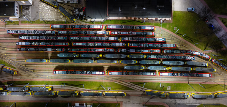 Night aerial view of tram depot