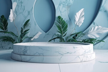beautiful white marble empty round shaped podium for luxury whitening beauty skincare products display backdrop, templates with natural green leaves, plant twig, foliages leaves, copy space