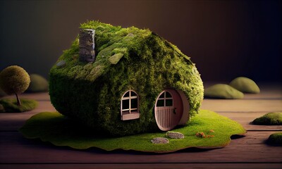 A house with moss on it and a door on the right, generative AI