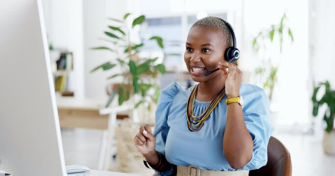Telemarketing, communication and happy black woman with a smile from customer support work. Call centre, crm and web consultant with happiness from professional consulting with blurred background