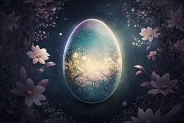 Fantasy Spectral Easter Egg in Fantasy Fairy Mist Background with flowers festive background for decorative design. generative ai.