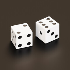 Two white dice on a black background. Casino entertainment gambling. 3d rendering