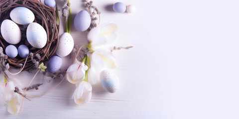 happy easter, easter eggs and flowers on white background, generative ai