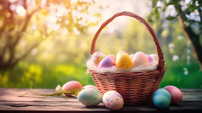 happy easter, easter eggs in a basket on spring garden, morning lights background, generative ai