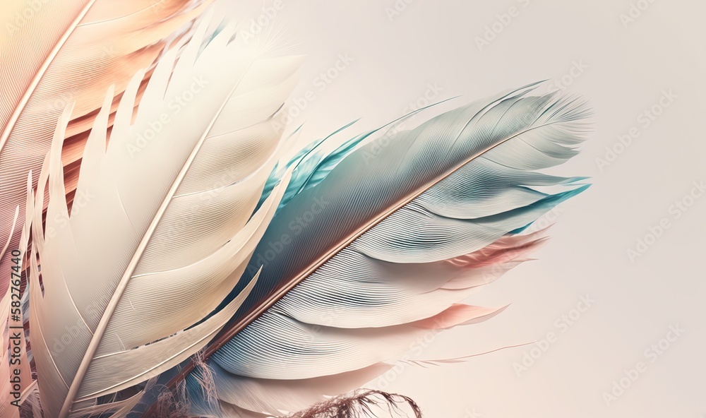 Poster a close up of a group of feathers on a white background with a blurry image of a woman's face in the