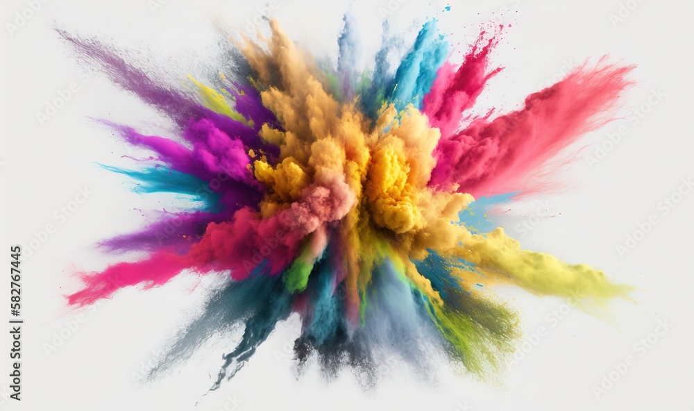 Poster a multicolored explosion of colored powder on a white background with a white background and a white