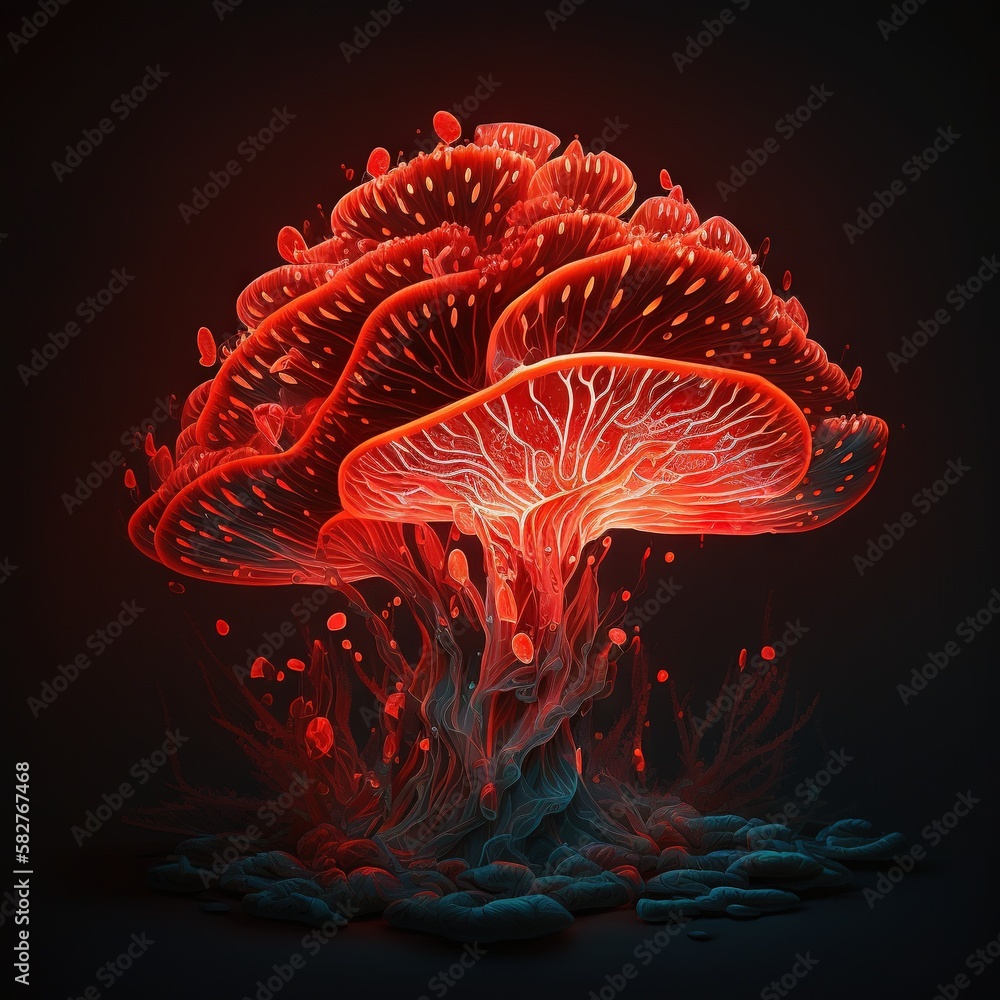 Poster a group of red mushrooms on a black background with a red light coming out of the top of the mushroo
