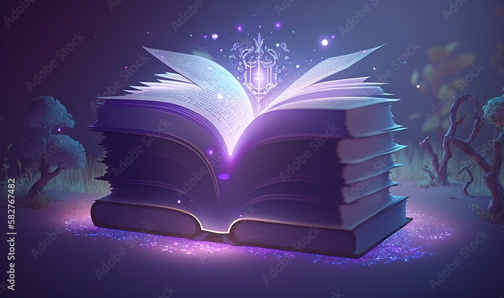Aufkleber an open book with a glowing light coming out of the book's pages on a purple background with trees a