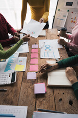 Business team colleagues meeting Planning Strategy Analysis discussing new plan financial graph...