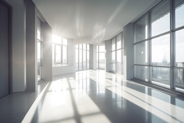 Fototapeta premium Bright white interior loft with sunlight, illustration ai generative