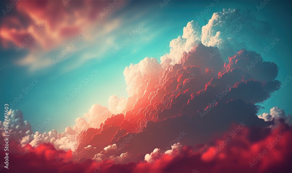 Poster a colorful sky with clouds in the foreground and a blue sky with clouds in the back ground and a red
