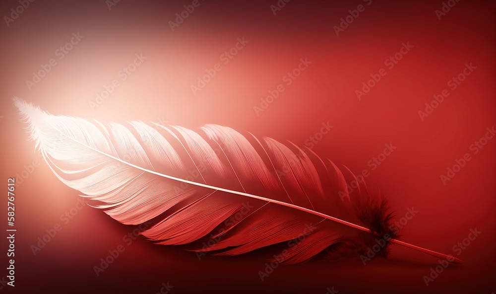 Poster a red and white feather on a red and black background with a light shining through the feather and t