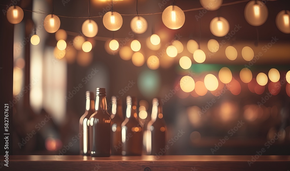 Poster a bunch of bottles that are sitting on a table in a room with lights hanging from the ceiling and a 