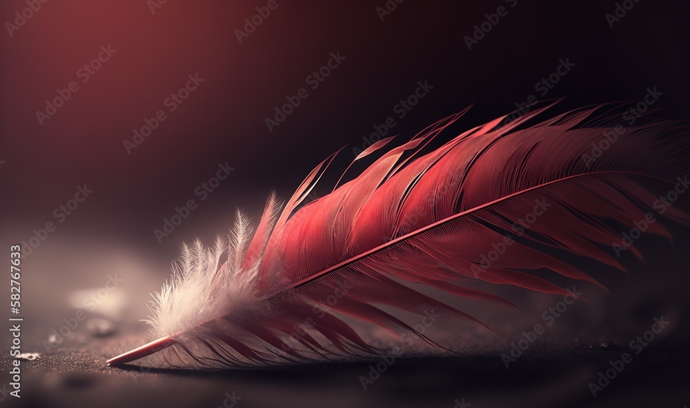 Poster a red feather resting on a table with a blurry back ground in the foreground and a red light in the 