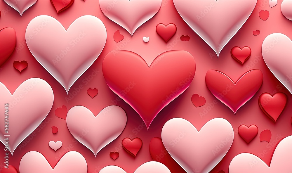 Poster  a bunch of hearts that are on a red background with a pink background and white hearts on the right side of the image and the left side of the image.  generative ai