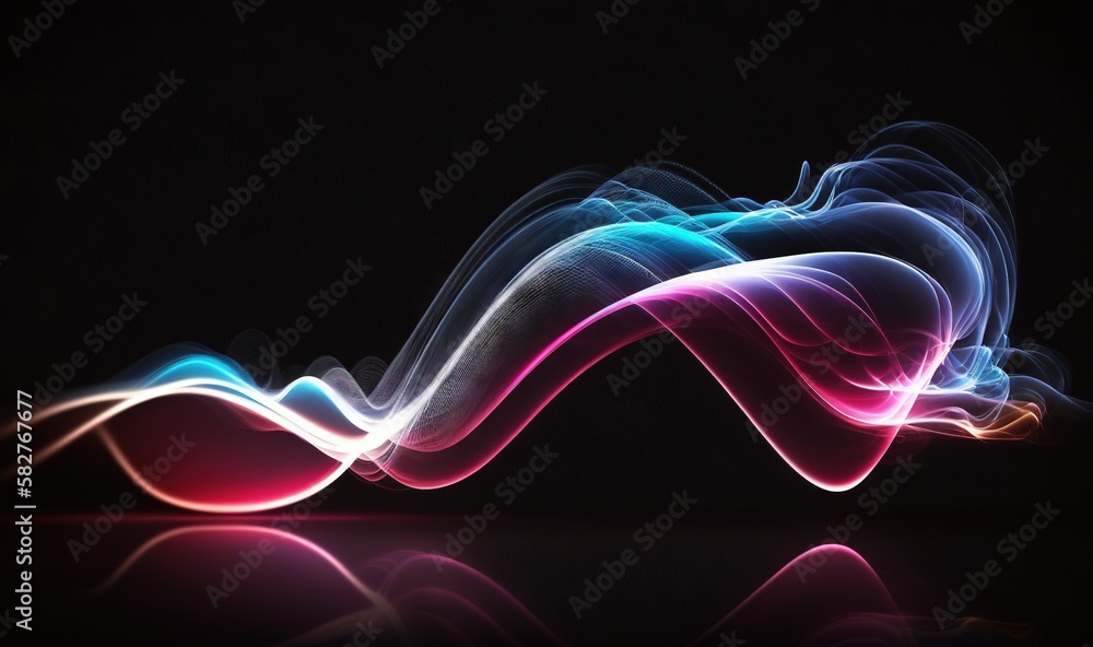 Poster a colorful wave of smoke on a black background with a reflection of the light on the floor and the w