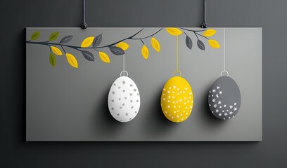 Easter eggs hanging on grey background. generative ai.