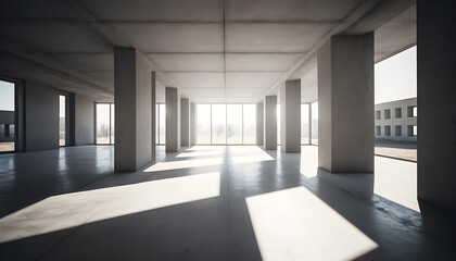 Grunge concrete interior with sunlight, illustration ai generative