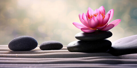 zen spa relax stones and lotus flower in zen garden, generative ai