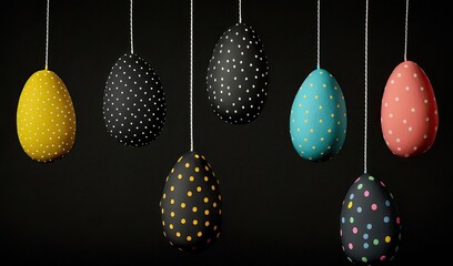 Easter eggs hanging on isolated black background. generative ai.