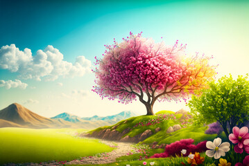 A beautiful colourful spring landscape with a pink flowering tree. Created with Generative AI.