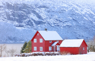 Cottage in Norway. Small Norwegian village. Traditional norwegian architecture.	
