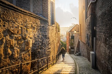 Obraz premium Scenic view of a female walking down a narrow stairway in the afternoon