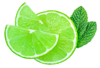 Lime slices isolated on white background. Lime citrus fruit with mint leaf .