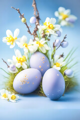 Obraz premium Easter eggs with spring blossom flowers over blue background, Colored Egg Holiday card, generative ai