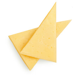 Cheese pieces triangles  isolated on white background. Mature cheese  top view. Flat lay .