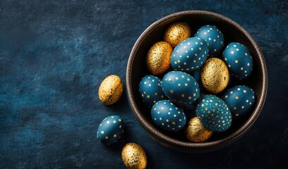 Blue and golden festive Painted Easter eggs with golden glitter on Blue background