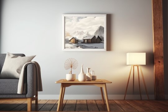 A picture on a wall shows a snowy scene.