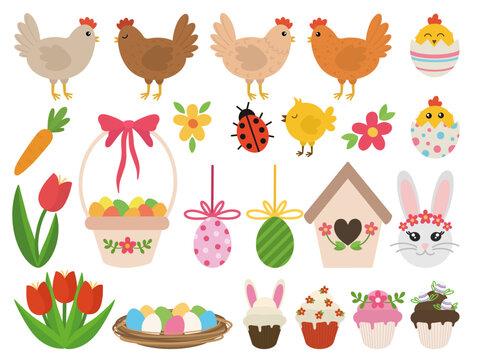 Big set of cute Easter elements. Cartoon easter elements. Easter decoration set.