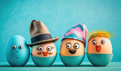 Obraz premium Painted Easter Eggs with Hats on Pastel Color Background