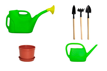 Set of watering big and little green can, brown pot for flowers and mini gardening tools on white isolated background