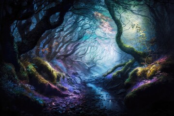 Forest covered in mist, generative AI