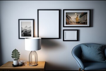A picture frame on a wall with a lamp and a lamp on it.