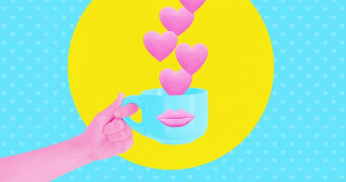 Modern loop photo collage animation. Hand holding positive, love cup. Happy concept