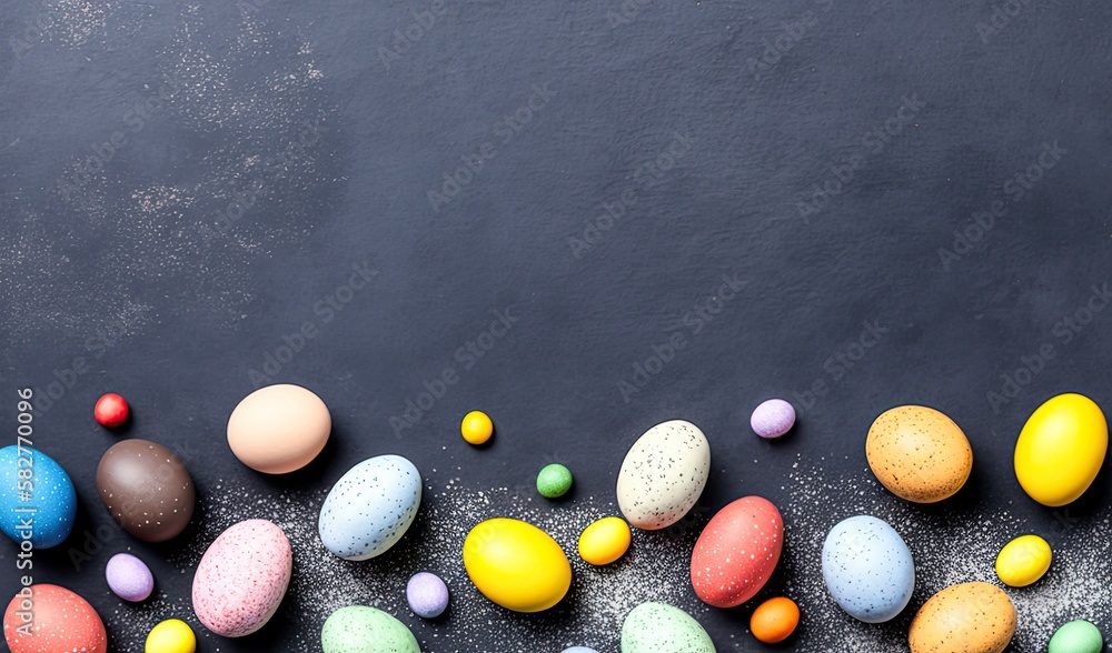 Wall mural grey and golden Festive Painted Easter eggs with golden glitter on grey background