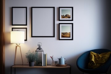 A picture frame on a wall with a picture of a mountain and a lamp