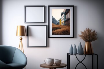 A frame on a wall with a picture of a house on it