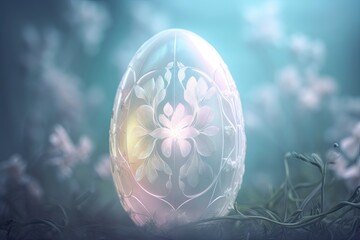 Obraz na płótnie Canvas Fantasy Spectral Easter Egg in Fantasy Fairy Mist Background with flowers festive background for decorative design