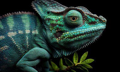 A green and blue chameleon is sitting on a branch, generative AI