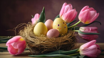 Fototapeta na wymiar Colorful Festive Easter eggs with tulips on Easter Celebration background